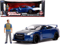 2009 Nissan GT-R (R35) Blue Metallic and Carbon with Lights and Brian Figurine "Fast & Furious" Movie 1/18 Diecast Model Car by Jada-0