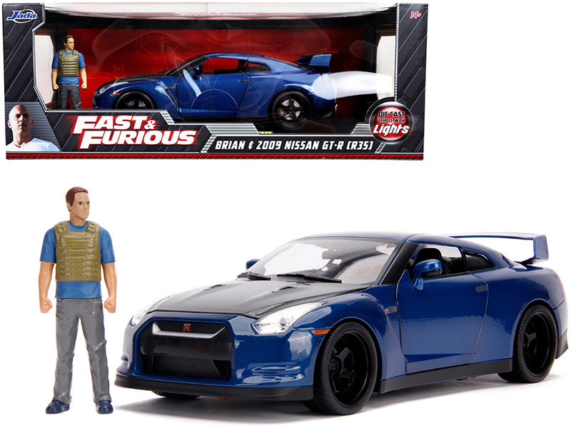 2009 Nissan GT-R (R35) Blue Metallic and Carbon with Lights and Brian Figurine "Fast & Furious" Movie 1/18 Diecast Model Car by Jada-0