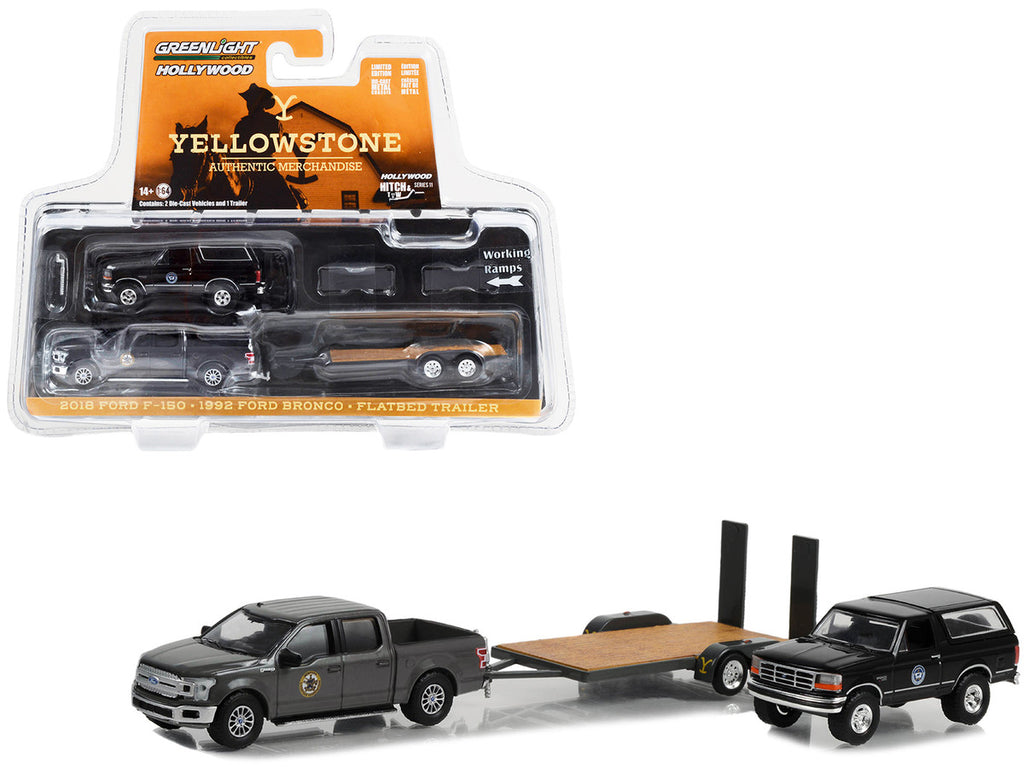 2018 Ford F-150 Pickup Truck Gray with 1992 Ford Bronco "Montana Livestock Association" Black and Flatbed Car Trailer "Yellowstone" (2018-Current) TV Series "Hollywood Hitch & Tow" Series 11 1/64 Diecast Model Cars by Greenlight-2