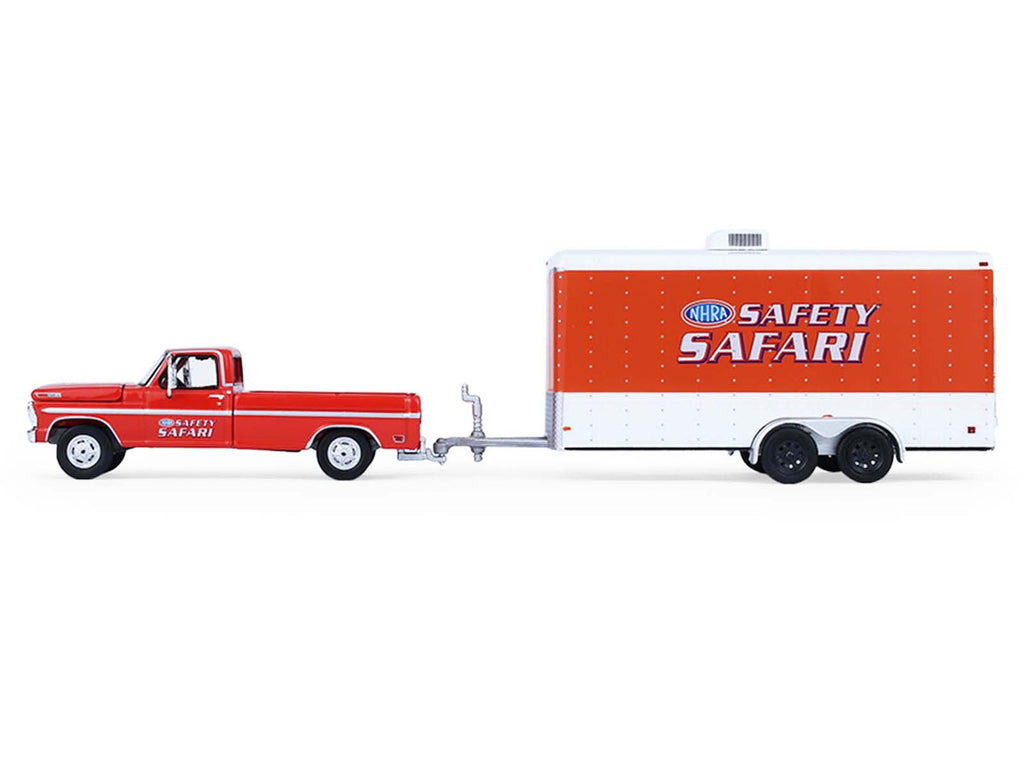 1969 Ford F-250 Pickup Truck Red and 1969 Chevrolet Camaro Z28 "Dan Fletcher" Orange with White Hood "NHRA Safety Team" with Enclosed Car Trailer "Racing Hitch & Tow" Series 6 1/64 Diecast Model Cars by Greenlight-1