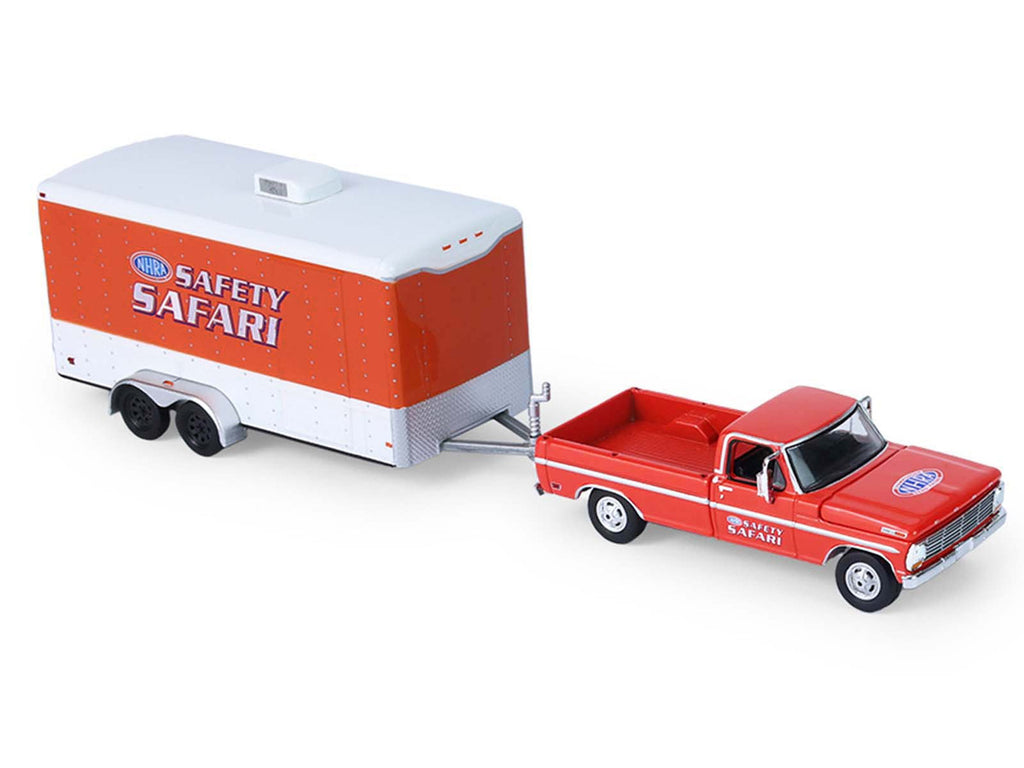 1969 Ford F-250 Pickup Truck Red and 1969 Chevrolet Camaro Z28 "Dan Fletcher" Orange with White Hood "NHRA Safety Team" with Enclosed Car Trailer "Racing Hitch & Tow" Series 6 1/64 Diecast Model Cars by Greenlight-2