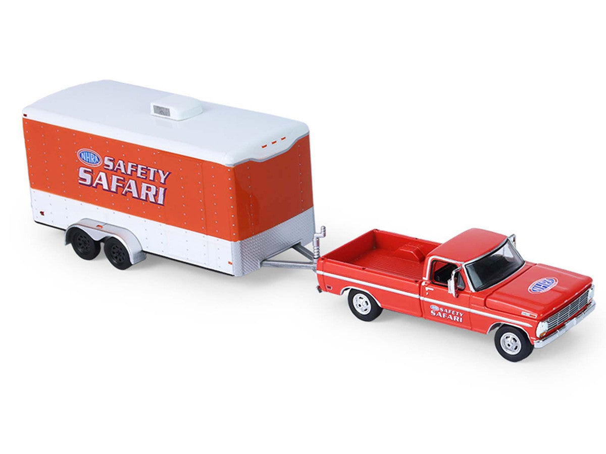 1969 Ford F-250 Pickup Truck Red and 1969 Chevrolet Camaro Z28 "Dan Fletcher" Orange with White Hood "NHRA Safety Team" with Enclosed Car Trailer "Racing Hitch & Tow" Series 6 1/64 Diecast Model Cars by Greenlight-2