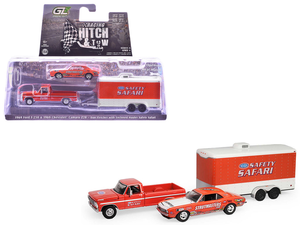 1969 Ford F-250 Pickup Truck Red and 1969 Chevrolet Camaro Z28 "Dan Fletcher" Orange with White Hood "NHRA Safety Team" with Enclosed Car Trailer "Racing Hitch & Tow" Series 6 1/64 Diecast Model Cars by Greenlight-0