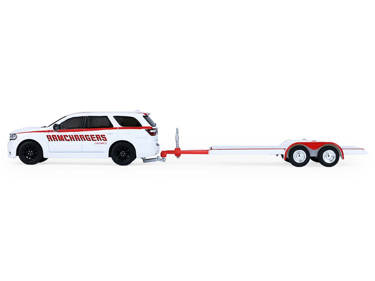 2018 Dodge Durango White with Red Stripes and 2021 Dodge Challenger SRT White with Red Stripes "Ramchargers" with Flatbed Trailer "Racing Hitch & Tow" Series 6 1/64 Diecast Model Cars by Greenlight-1