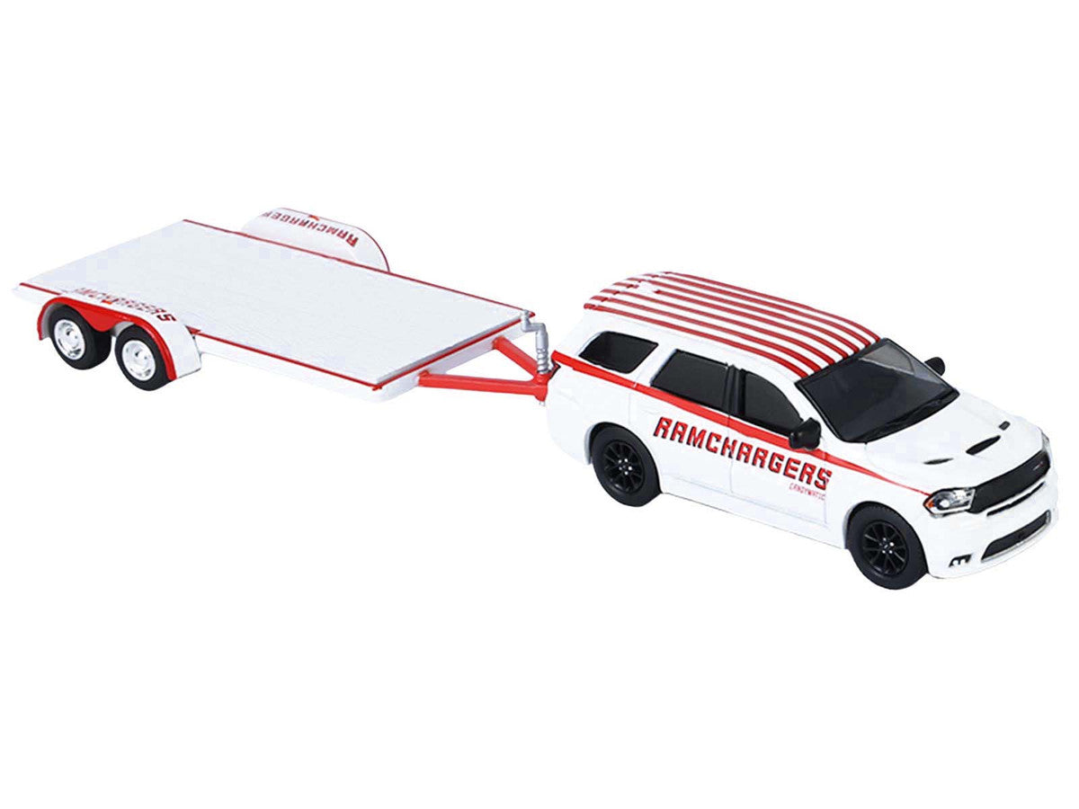 2018 Dodge Durango White with Red Stripes and 2021 Dodge Challenger SRT White with Red Stripes "Ramchargers" with Flatbed Trailer "Racing Hitch & Tow" Series 6 1/64 Diecast Model Cars by Greenlight-0