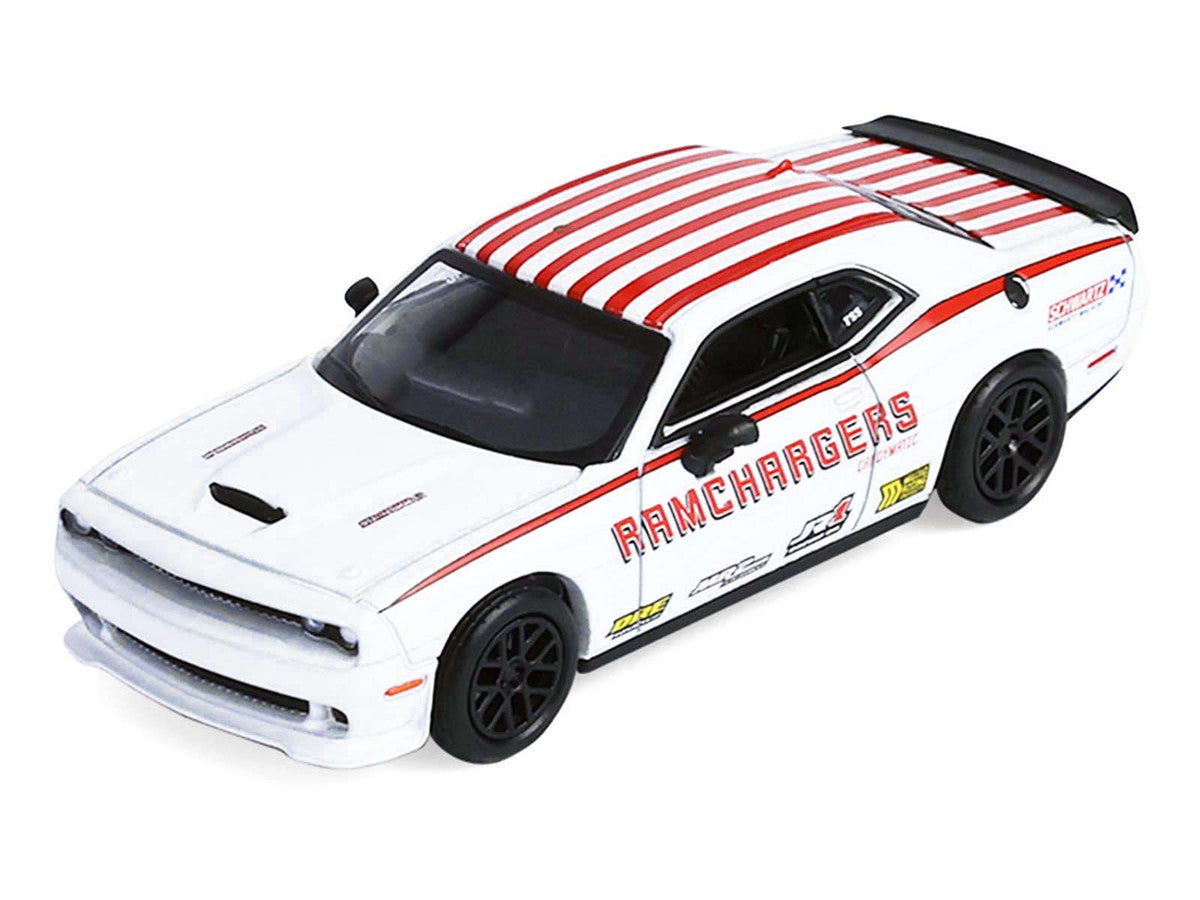2018 Dodge Durango White with Red Stripes and 2021 Dodge Challenger SRT White with Red Stripes "Ramchargers" with Flatbed Trailer "Racing Hitch & Tow" Series 6 1/64 Diecast Model Cars by Greenlight-2