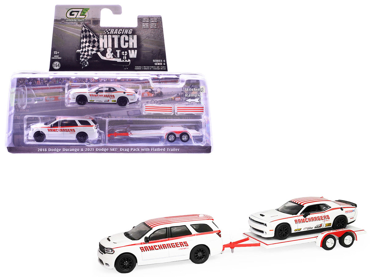 2018 Dodge Durango White with Red Stripes and 2021 Dodge Challenger SRT White with Red Stripes "Ramchargers" with Flatbed Trailer "Racing Hitch & Tow" Series 6 1/64 Diecast Model Cars by Greenlight-4