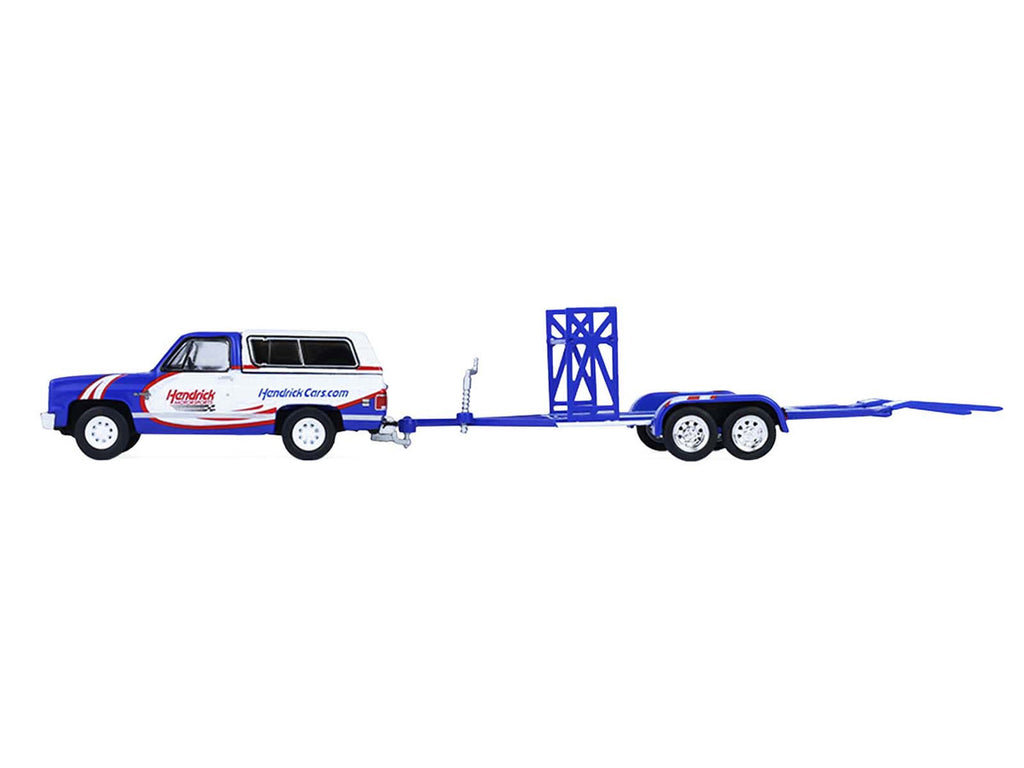 1986 Chevrolet K5 Blazer Blue and White and 1969 Chevrolet Camaro #5 Blue and White "Kyle Larson - Hendrick Motorsports" with Tandem Car Trailer "Racing Hitch & Tow" Series 6 1/64 Diecast Model Cars by Greenlight-0