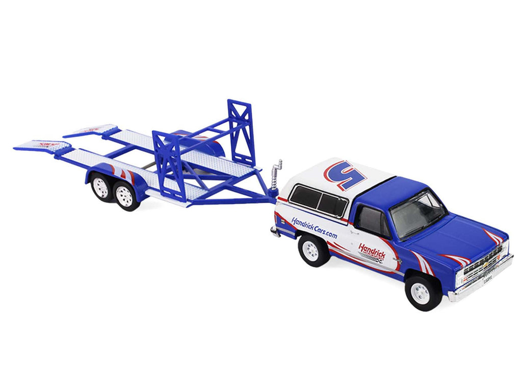 1986 Chevrolet K5 Blazer Blue and White and 1969 Chevrolet Camaro #5 Blue and White "Kyle Larson - Hendrick Motorsports" with Tandem Car Trailer "Racing Hitch & Tow" Series 6 1/64 Diecast Model Cars by Greenlight-1
