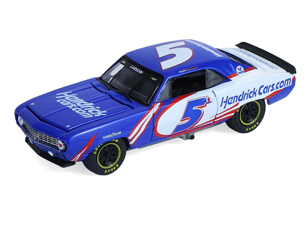 1986 Chevrolet K5 Blazer Blue and White and 1969 Chevrolet Camaro #5 Blue and White "Kyle Larson - Hendrick Motorsports" with Tandem Car Trailer "Racing Hitch & Tow" Series 6 1/64 Diecast Model Cars by Greenlight-2