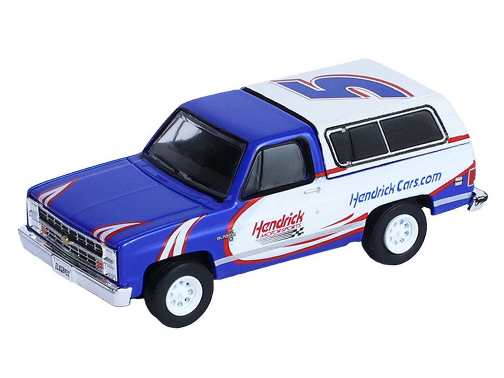 1986 Chevrolet K5 Blazer Blue and White and 1969 Chevrolet Camaro #5 Blue and White "Kyle Larson - Hendrick Motorsports" with Tandem Car Trailer "Racing Hitch & Tow" Series 6 1/64 Diecast Model Cars by Greenlight-3