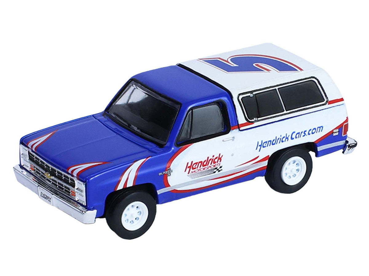 1986 Chevrolet K5 Blazer Blue and White and 1969 Chevrolet Camaro #5 Blue and White "Kyle Larson - Hendrick Motorsports" with Tandem Car Trailer "Racing Hitch & Tow" Series 6 1/64 Diecast Model Cars by Greenlight-3
