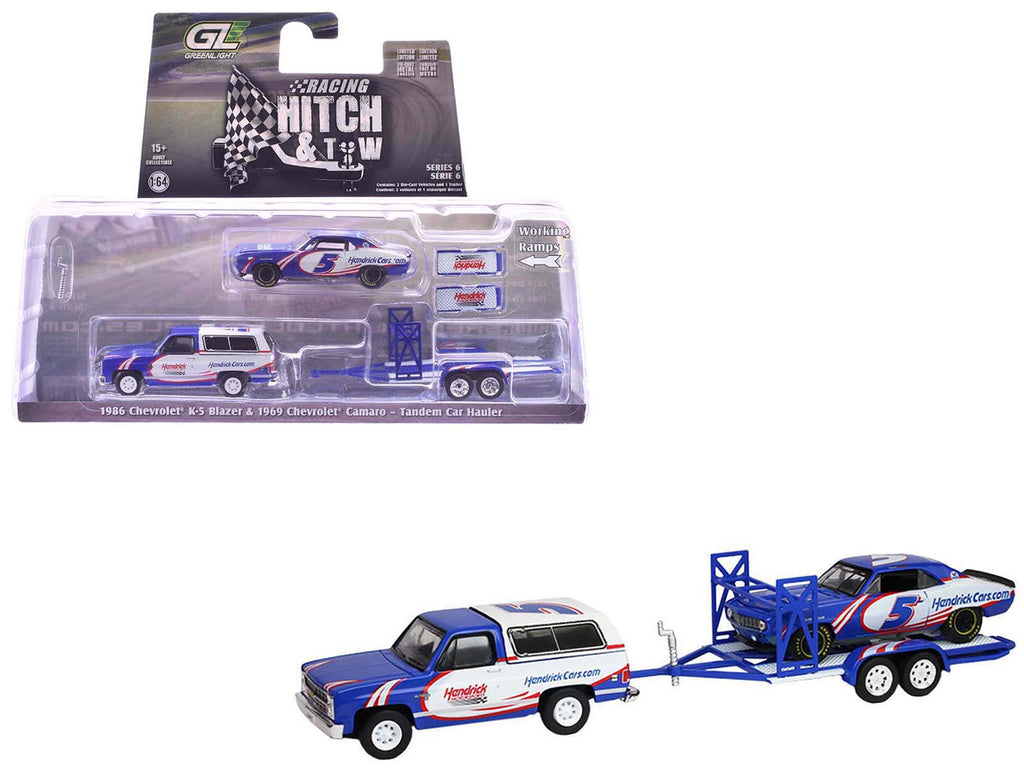 1986 Chevrolet K5 Blazer Blue and White and 1969 Chevrolet Camaro #5 Blue and White "Kyle Larson - Hendrick Motorsports" with Tandem Car Trailer "Racing Hitch & Tow" Series 6 1/64 Diecast Model Cars by Greenlight-4