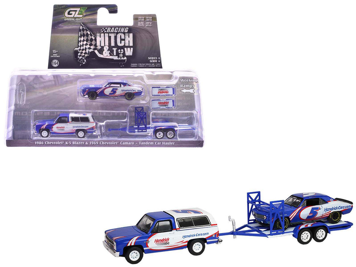 1986 Chevrolet K5 Blazer Blue and White and 1969 Chevrolet Camaro #5 Blue and White "Kyle Larson - Hendrick Motorsports" with Tandem Car Trailer "Racing Hitch & Tow" Series 6 1/64 Diecast Model Cars by Greenlight-4