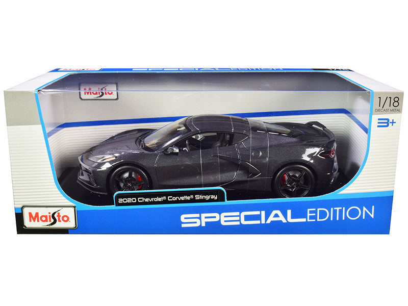 2020 Chevrolet Corvette Stingray C8 Dark Gray Metallic with Racing Stripes 1/18 Diecast Model Car by Maisto-0