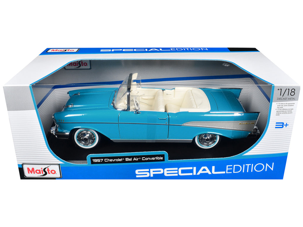 1957 Chevrolet Bel Air Convertible Blue with White Interior "Special Edition" Series 1/18 Diecast Model Car by Maisto-0
