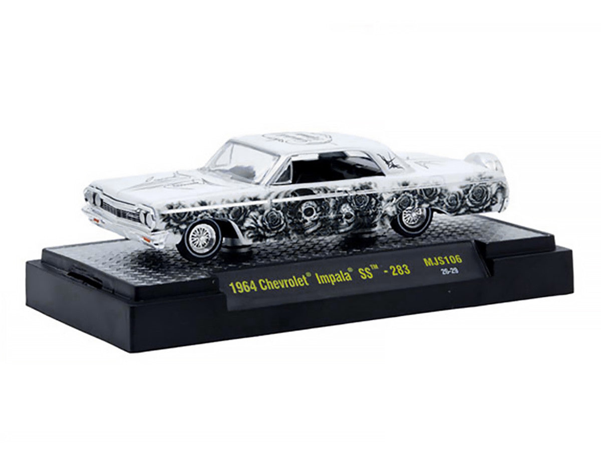 1964 Chevrolet Impala SS "Dia De Los Muertos" White with Graphics Limited Edition to 10560 pieces Worldwide 1/64 Diecast Model Car by M2 Machines-1