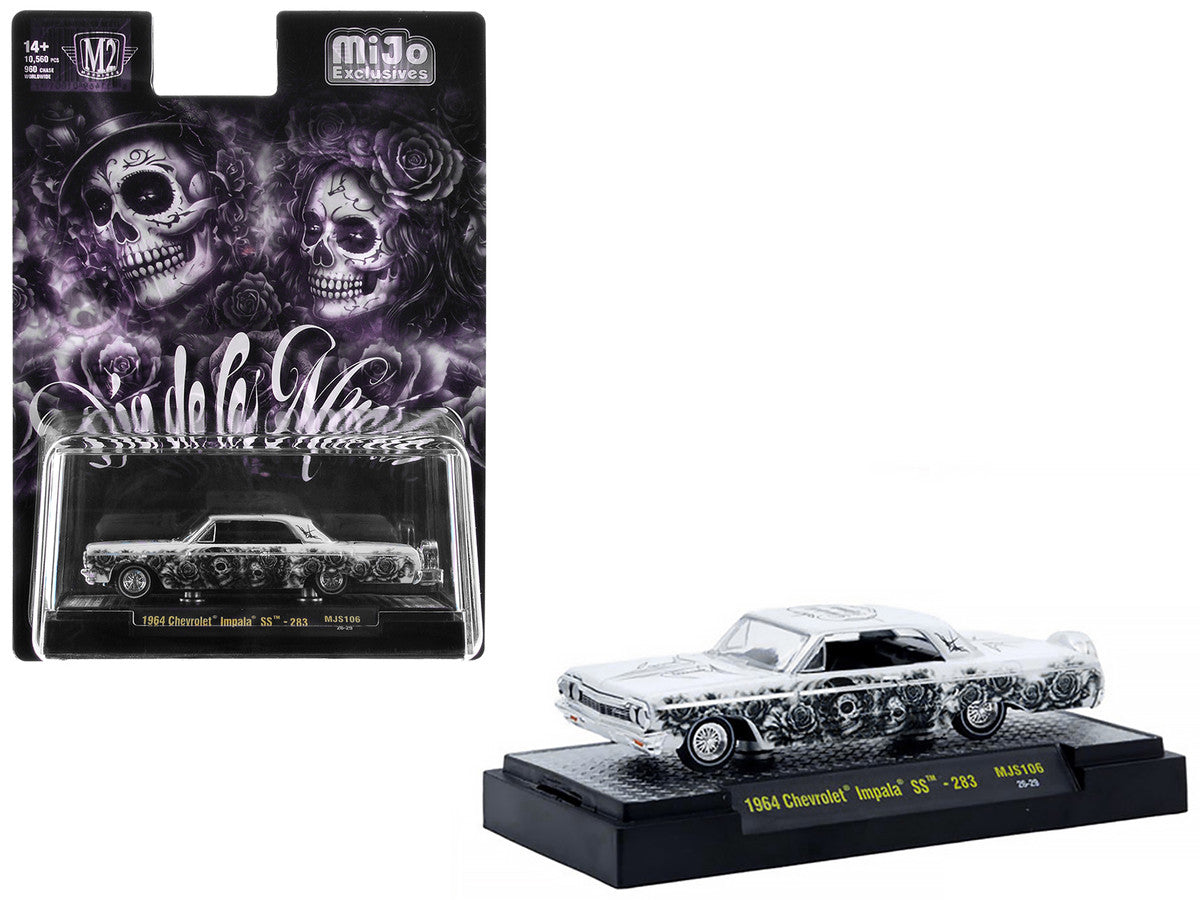 1964 Chevrolet Impala SS "Dia De Los Muertos" White with Graphics Limited Edition to 10560 pieces Worldwide 1/64 Diecast Model Car by M2 Machines-0