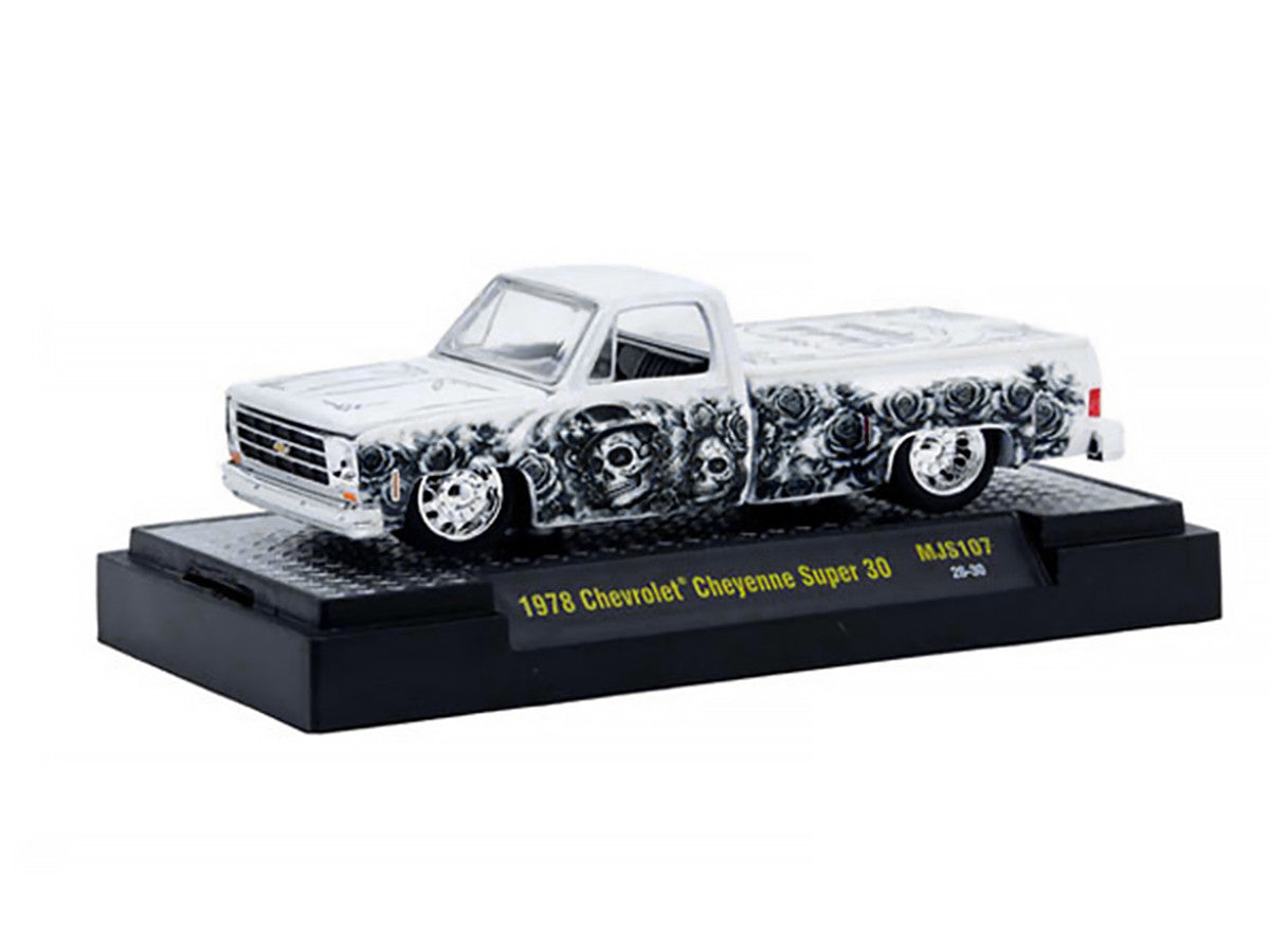 1978 Chevrolet Cheyenne Super 30 Pickup Truck "Dia De Los Muertos" White with Graphics Limited Edition to 10560 pieces Worldwide 1/64 Diecast Model Car by M2 Machines-1