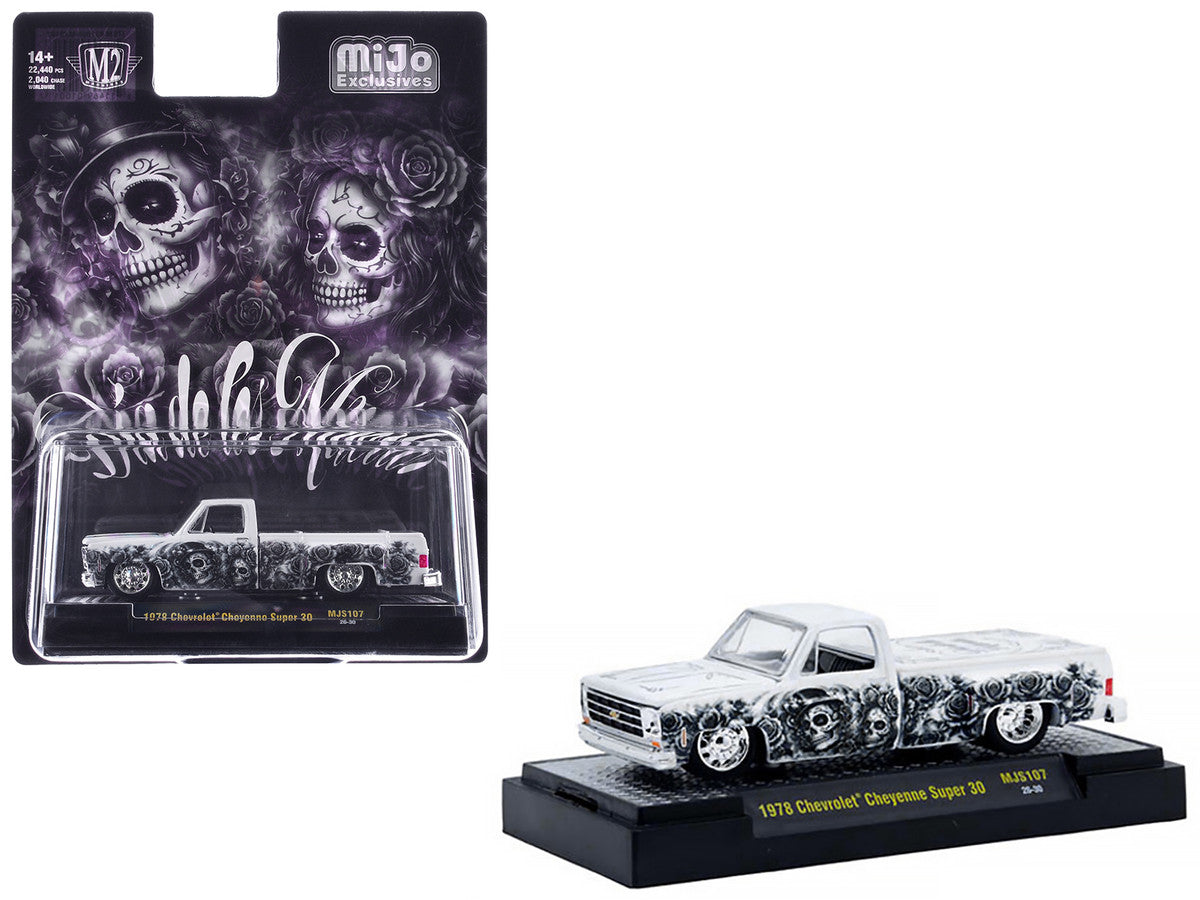 1978 Chevrolet Cheyenne Super 30 Pickup Truck "Dia De Los Muertos" White with Graphics Limited Edition to 10560 pieces Worldwide 1/64 Diecast Model Car by M2 Machines-0