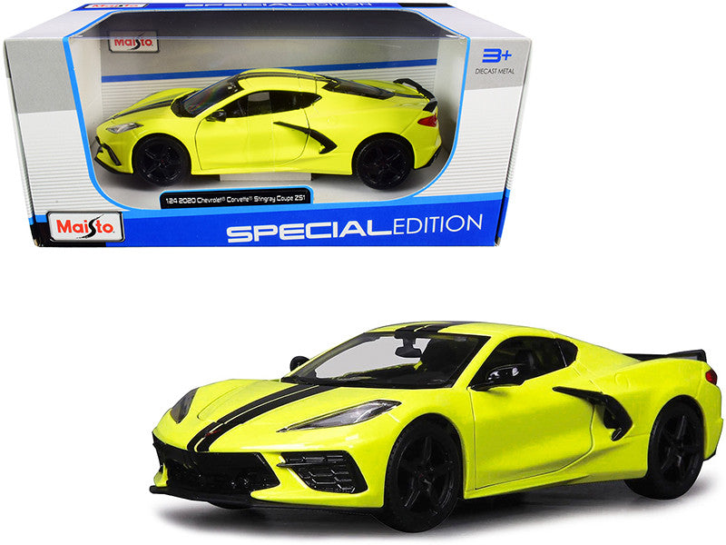 2020 Chevrolet Corvette Stingray Z51 Coupe Yellow with Black Stripes 1/24 Diecast Model Car by Maisto-0