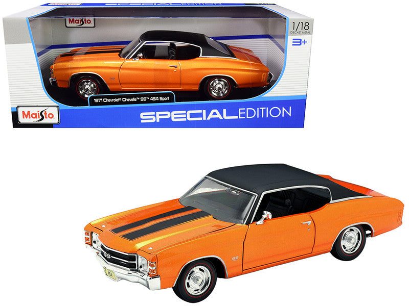 1971 Chevrolet Chevelle SS 454 Sport Orange Metallic with Black Top and Black Stripes 1/18 Diecast Model Car by Maisto-0