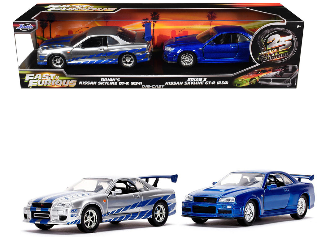Brian's Nissan Skyline GT-R (BNR34) Silver with Blue Stripes and Nissan GT-R (BNR34) Blue Metallic Set of 2 pieces "25 Years of Fast & Furious" Series 1/32 Diecast Model Cars by Jada-0