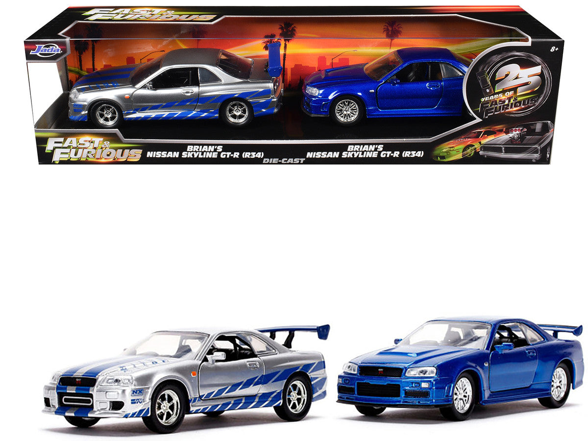 Brian's Nissan Skyline GT-R (BNR34) Silver with Blue Stripes and Nissan GT-R (BNR34) Blue Metallic Set of 2 pieces "25 Years of Fast & Furious" Series 1/32 Diecast Model Cars by Jada-0