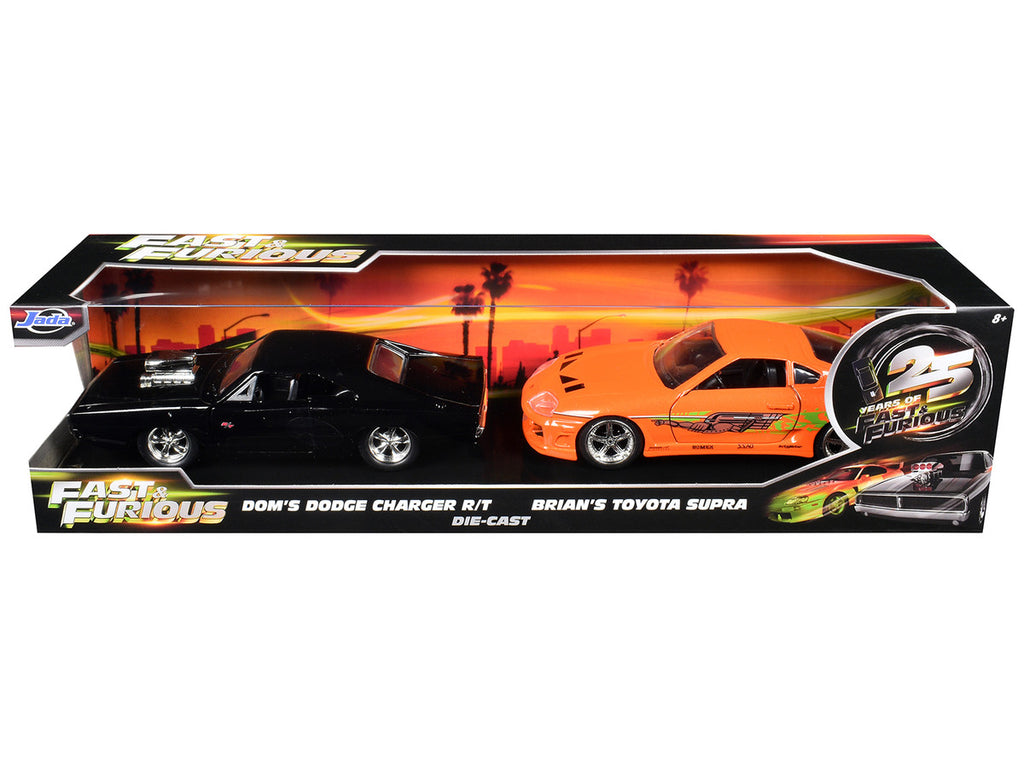 Dom's Dodge Charger R/T Black and Brian's Toyota Supra Orange Set of 2 pieces "25 Years of Fast & Furious" Series 1/32 Diecast Model Cars by Jada-2