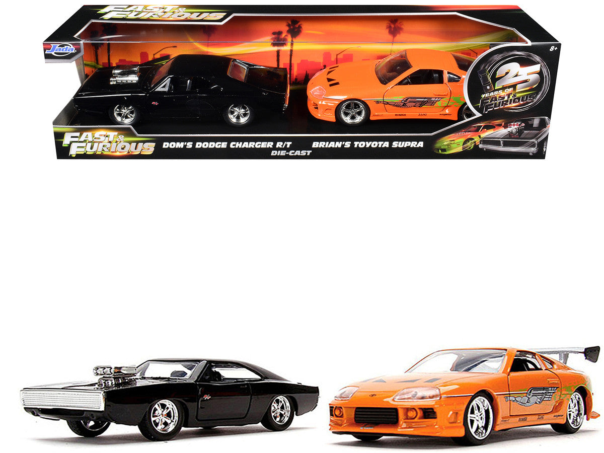 Dom's Dodge Charger R/T Black and Brian's Toyota Supra Orange Set of 2 pieces "25 Years of Fast & Furious" Series 1/32 Diecast Model Cars by Jada-0
