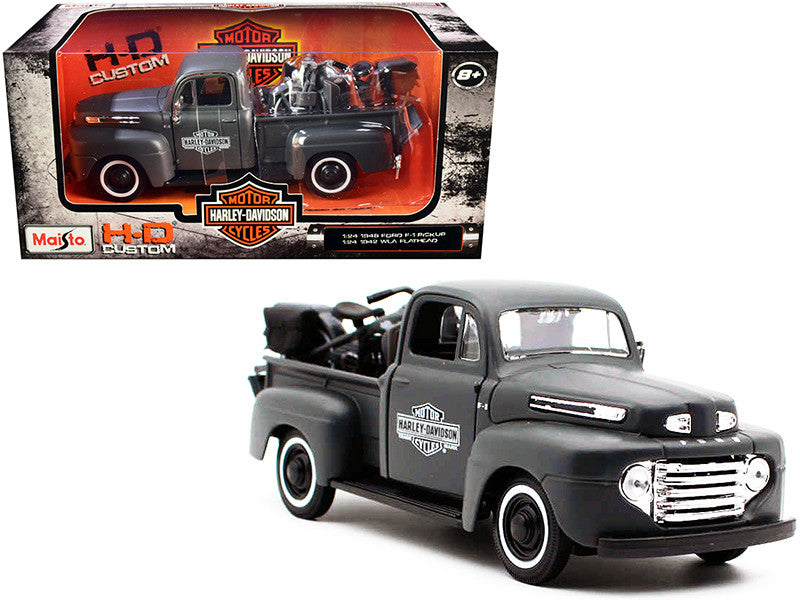 1948 Ford F-1 Pickup Truck and 1942 Harley-Davidson WLA Flathead Motorcycle Matt Dark Gray "Harley-Davidson Custom" 1/24 Diecast Models by Maisto-0