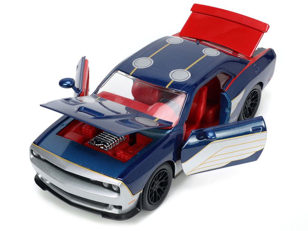 2015 Dodge Challenger SRT Hellcat Dark Blue with Graphics and Red Interior and Thor Diecast Figure "The Mighty Thor" "Marvel" Series 1/24 Diecast Model Car by Jada-1