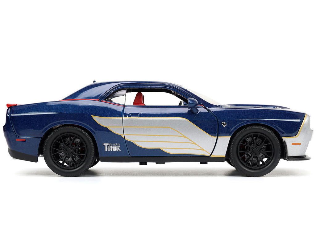 2015 Dodge Challenger SRT Hellcat Dark Blue with Graphics and Red Interior and Thor Diecast Figure "The Mighty Thor" "Marvel" Series 1/24 Diecast Model Car by Jada-2