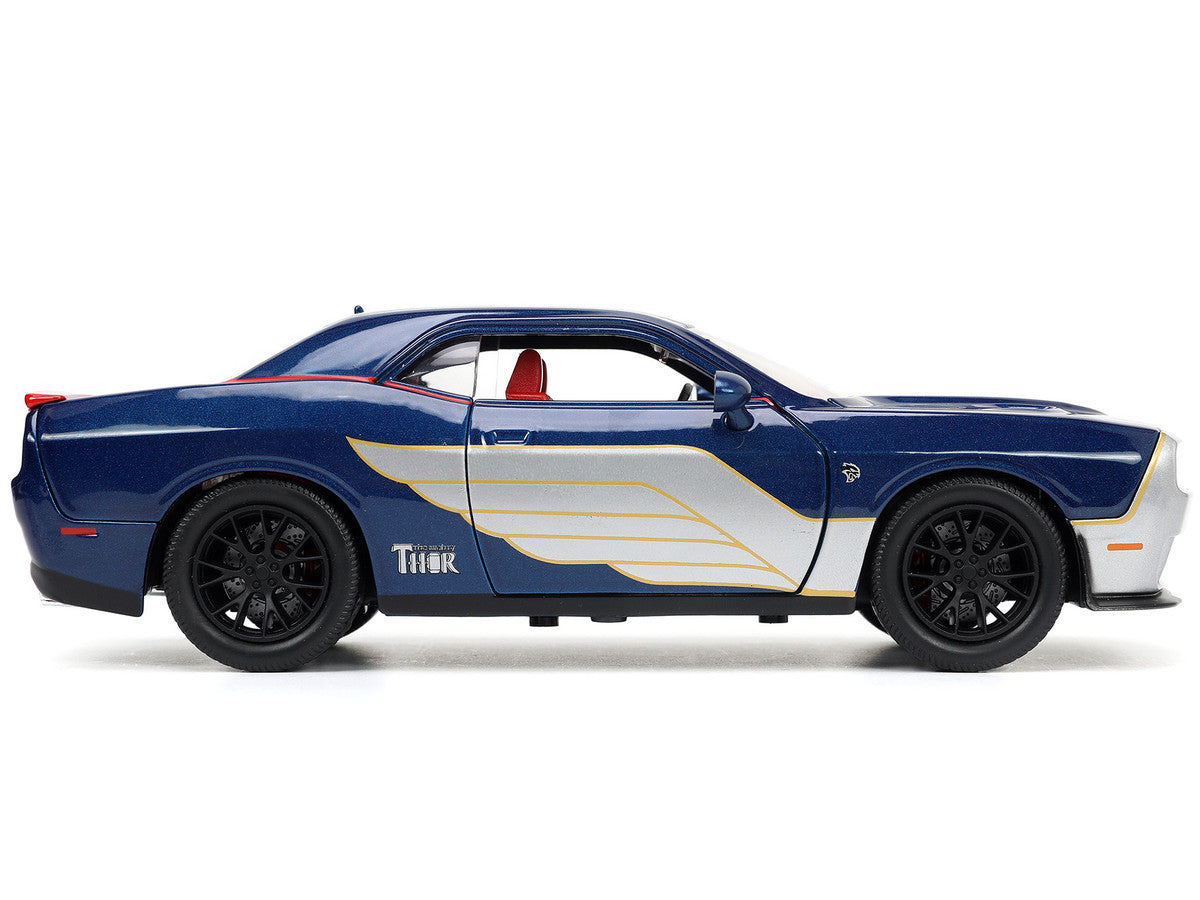 2015 Dodge Challenger SRT Hellcat Dark Blue with Graphics and Red Interior and Thor Diecast Figure "The Mighty Thor" "Marvel" Series 1/24 Diecast Model Car by Jada-2