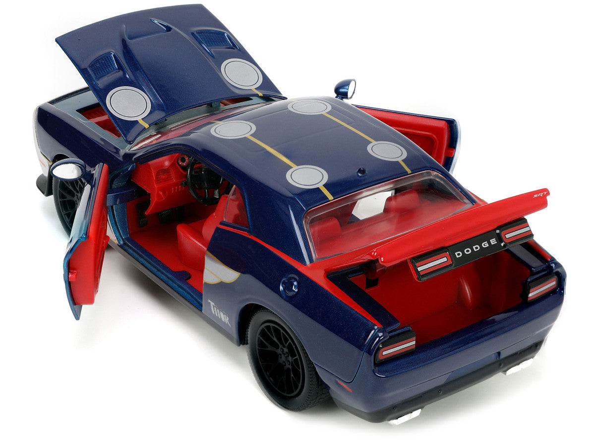 2015 Dodge Challenger SRT Hellcat Dark Blue with Graphics and Red Interior and Thor Diecast Figure "The Mighty Thor" "Marvel" Series 1/24 Diecast Model Car by Jada-3