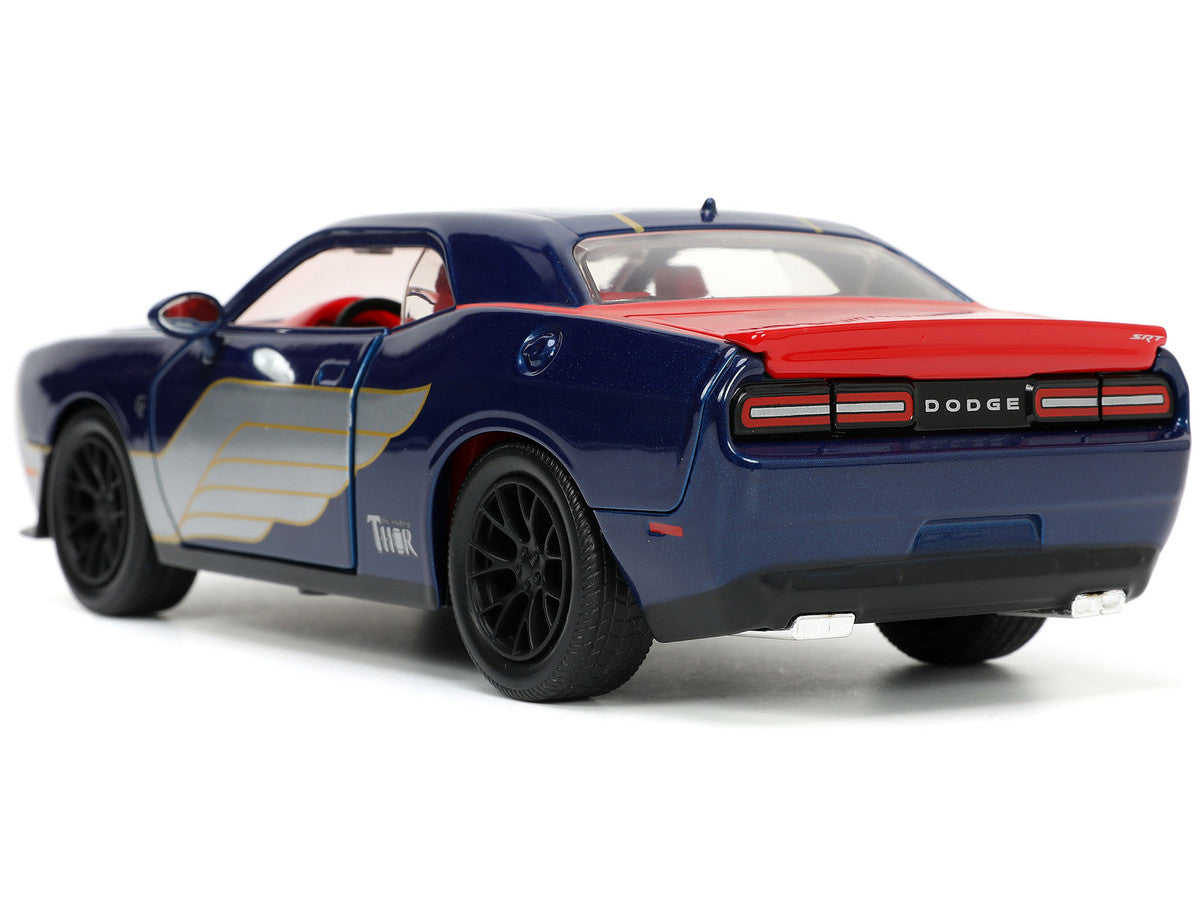 2015 Dodge Challenger SRT Hellcat Dark Blue with Graphics and Red Interior and Thor Diecast Figure "The Mighty Thor" "Marvel" Series 1/24 Diecast Model Car by Jada-4