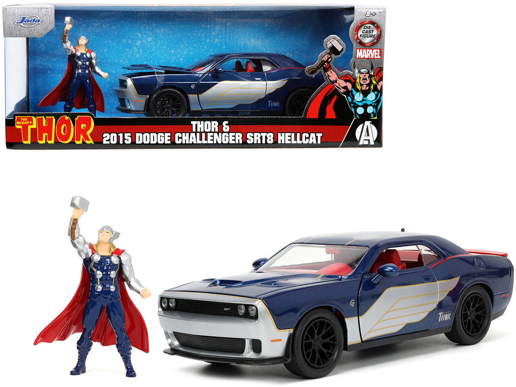 2015 Dodge Challenger SRT Hellcat Dark Blue with Graphics and Red Interior and Thor Diecast Figure "The Mighty Thor" "Marvel" Series 1/24 Diecast Model Car by Jada-0