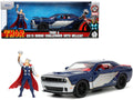 2015 Dodge Challenger SRT Hellcat Dark Blue with Graphics and Red Interior and Thor Diecast Figure "The Mighty Thor" "Marvel" Series 1/24 Diecast Model Car by Jada-0