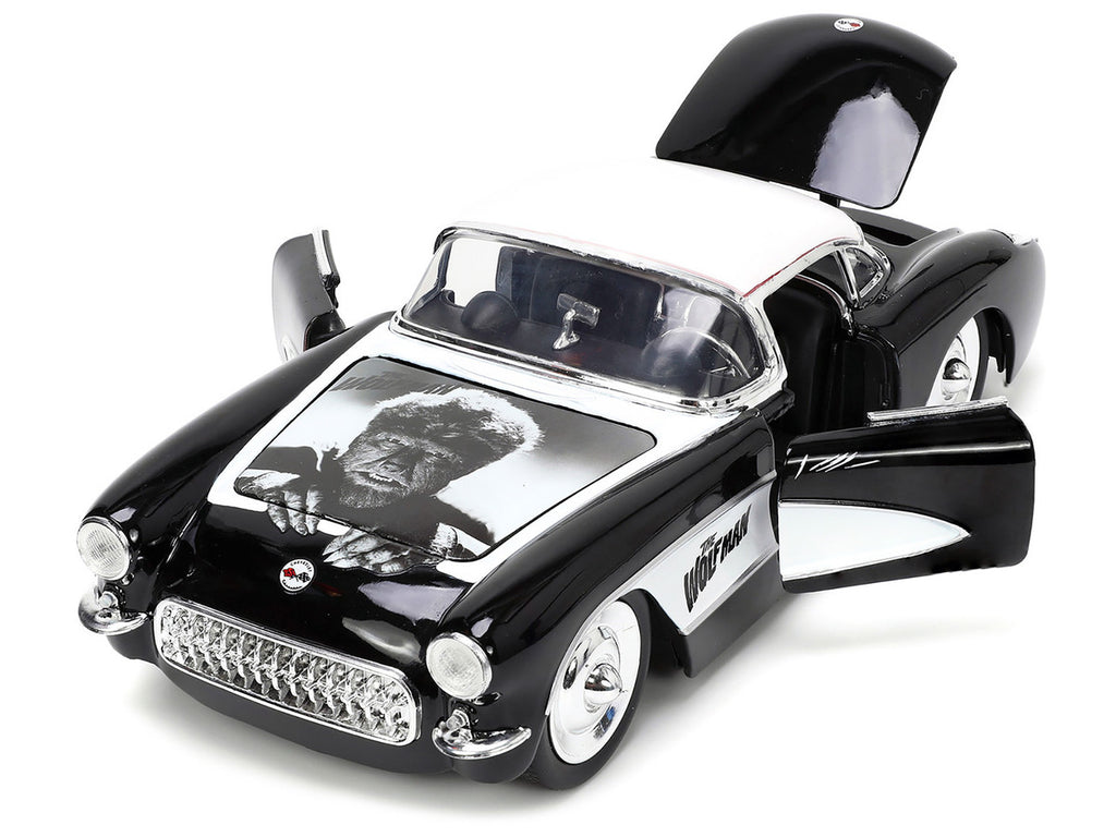 1957 Chevrolet Corvette Black with White Top and Wolfman Diecast Figure "Universal Monsters" "Hollywood Rides" Series 1/24 Diecast Model Car by Jada-1