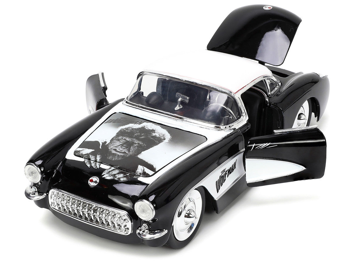 1957 Chevrolet Corvette Black with White Top and Wolfman Diecast Figure "Universal Monsters" "Hollywood Rides" Series 1/24 Diecast Model Car by Jada-1
