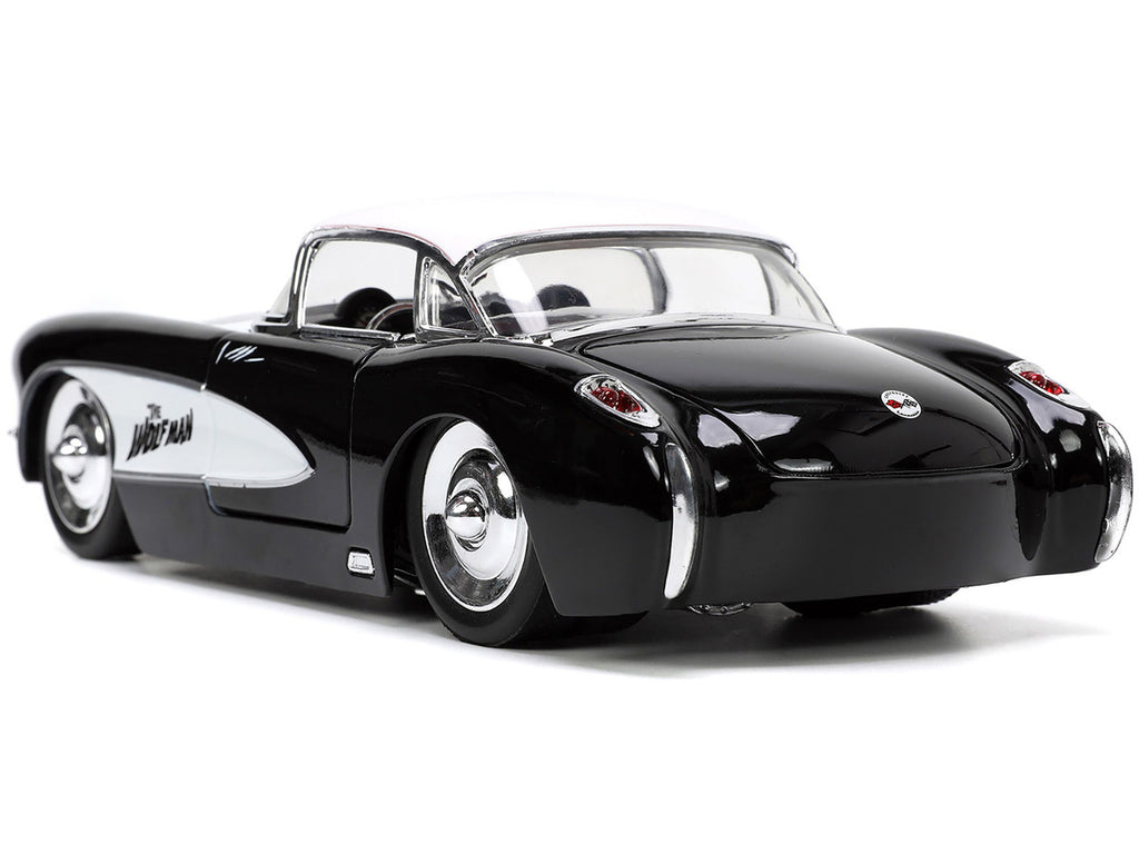 1957 Chevrolet Corvette Black with White Top and Wolfman Diecast Figure "Universal Monsters" "Hollywood Rides" Series 1/24 Diecast Model Car by Jada-2