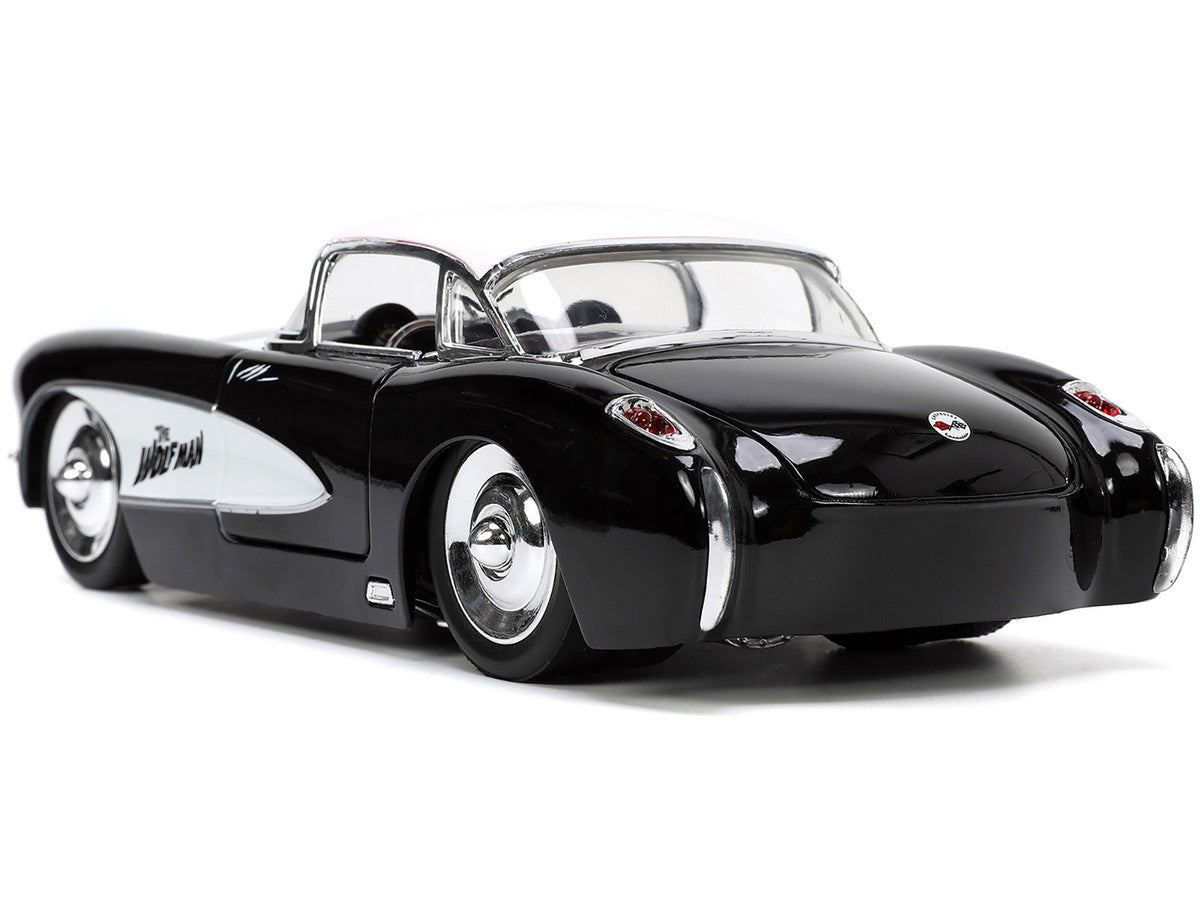 1957 Chevrolet Corvette Black with White Top and Wolfman Diecast Figure "Universal Monsters" "Hollywood Rides" Series 1/24 Diecast Model Car by Jada-2