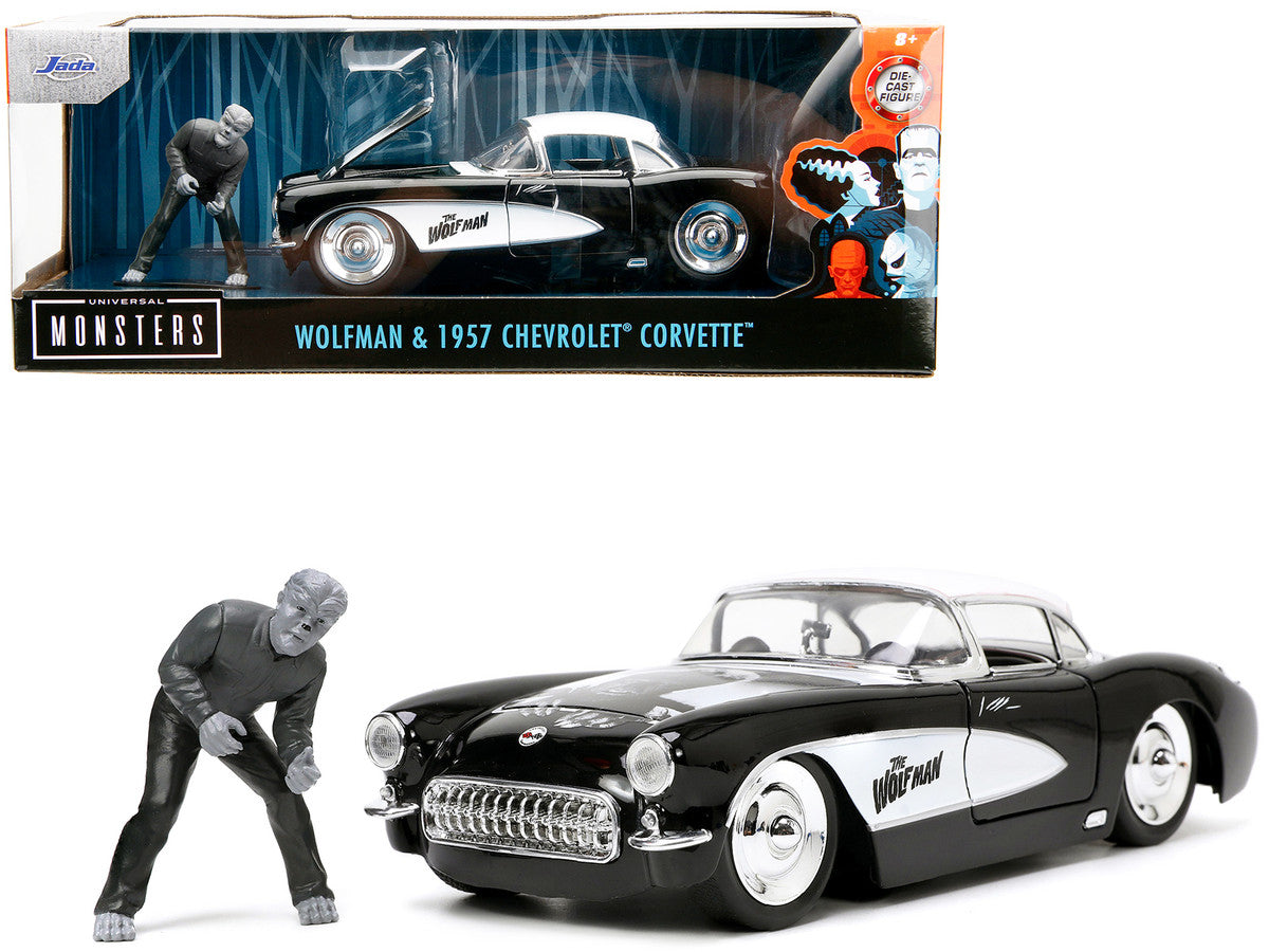 1957 Chevrolet Corvette Black with White Top and Wolfman Diecast Figure "Universal Monsters" "Hollywood Rides" Series 1/24 Diecast Model Car by Jada-0
