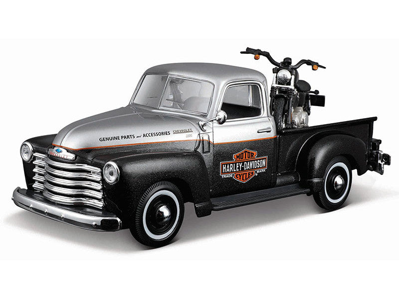 1950 Chevrolet 3100 Pickup Truck "Harley Davidson" Silver Metallic and Black with 1948 Harley Davidson FL Panhead Motorcycle Black "HD Custom" Series 1/24 Diecast Models by Maisto-0