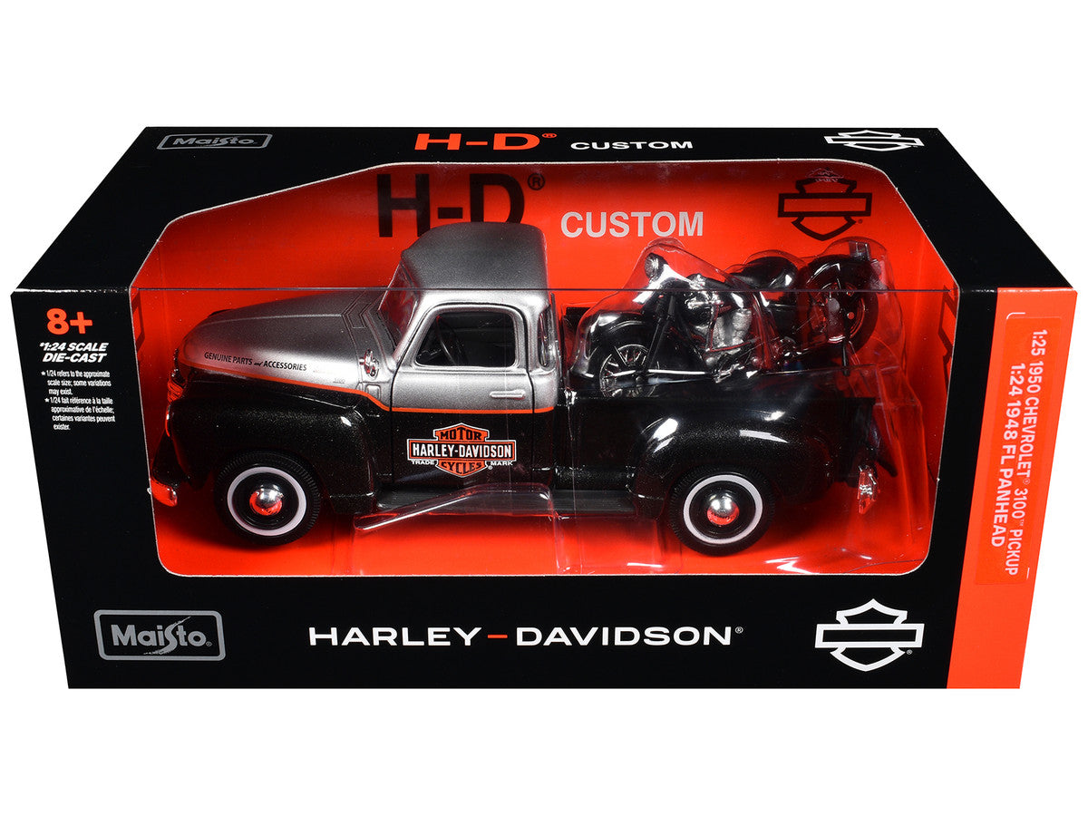 1950 Chevrolet 3100 Pickup Truck "Harley Davidson" Silver Metallic and Black with 1948 Harley Davidson FL Panhead Motorcycle Black "HD Custom" Series 1/24 Diecast Models by Maisto-1