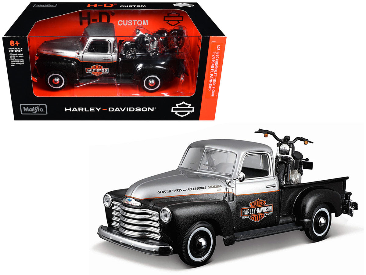 1950 Chevrolet 3100 Pickup Truck "Harley Davidson" Silver Metallic and Black with 1948 Harley Davidson FL Panhead Motorcycle Black "HD Custom" Series 1/24 Diecast Models by Maisto-2