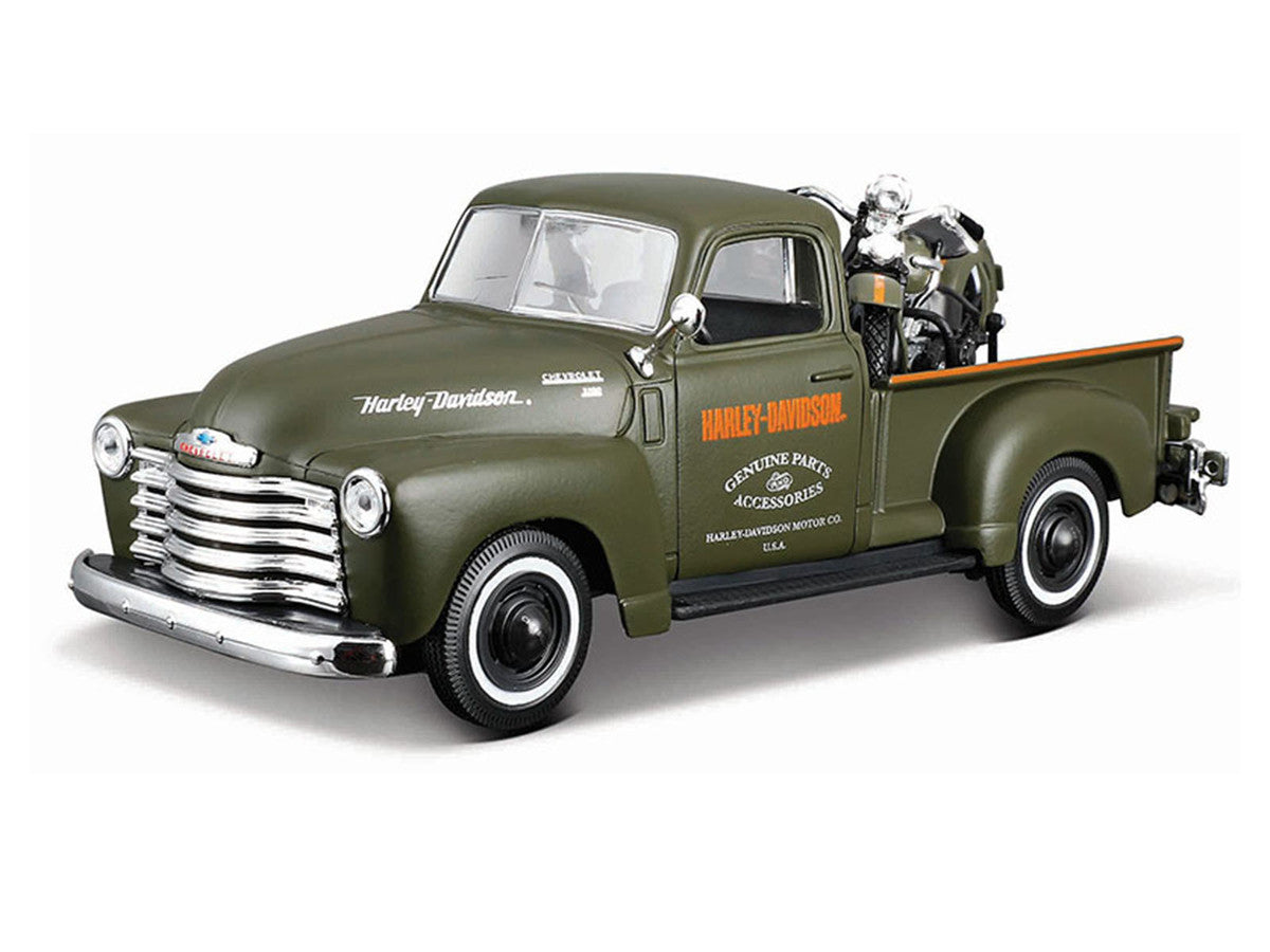 1950 Chevrolet 3100 Pickup Truck "Harley Davidson" Matt Green with 1936 Harley Davidson El Knucklehead Motorcycle Matt Green "HD Custom" Series 1/24 Diecast Model Car by Maisto-1