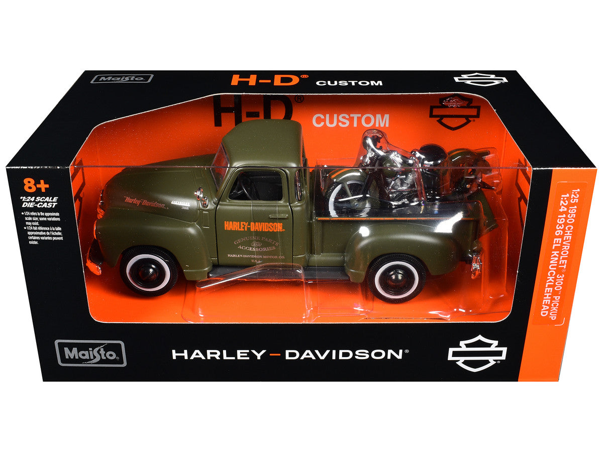 1950 Chevrolet 3100 Pickup Truck "Harley Davidson" Matt Green with 1936 Harley Davidson El Knucklehead Motorcycle Matt Green "HD Custom" Series 1/24 Diecast Model Car by Maisto-2