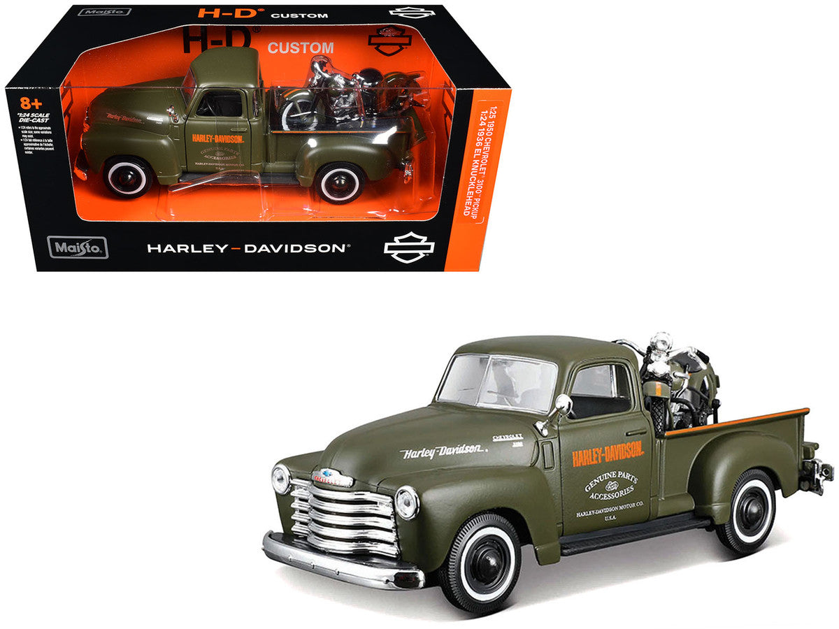1950 Chevrolet 3100 Pickup Truck "Harley Davidson" Matt Green with 1936 Harley Davidson El Knucklehead Motorcycle Matt Green "HD Custom" Series 1/24 Diecast Model Car by Maisto-0