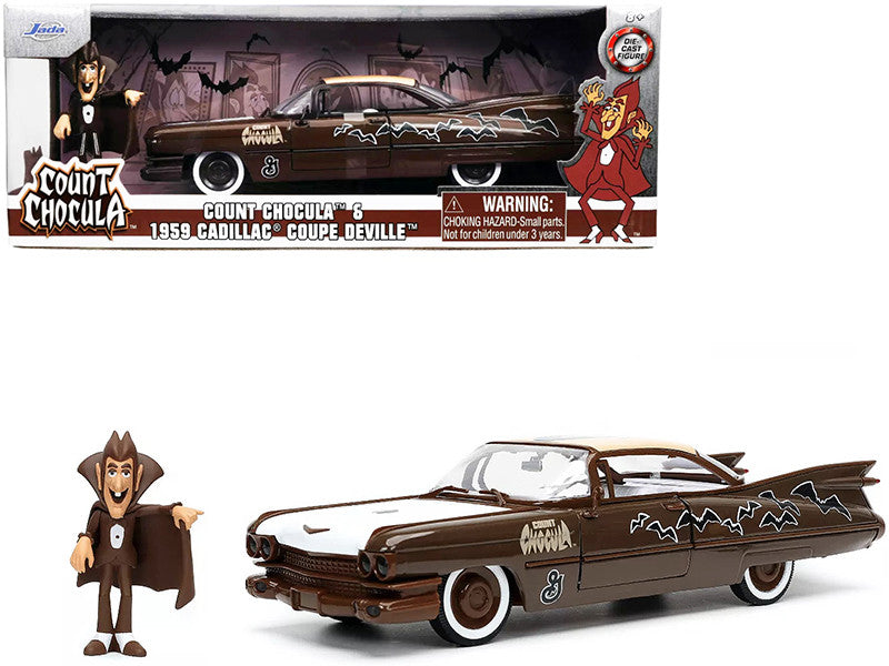 1959 Cadillac Coupe DeVille Brown and White with Graphics and Count Chocula Diecast Figurine "Hollywood Rides" Series 1/24 Diecast Model Car by Jada-0